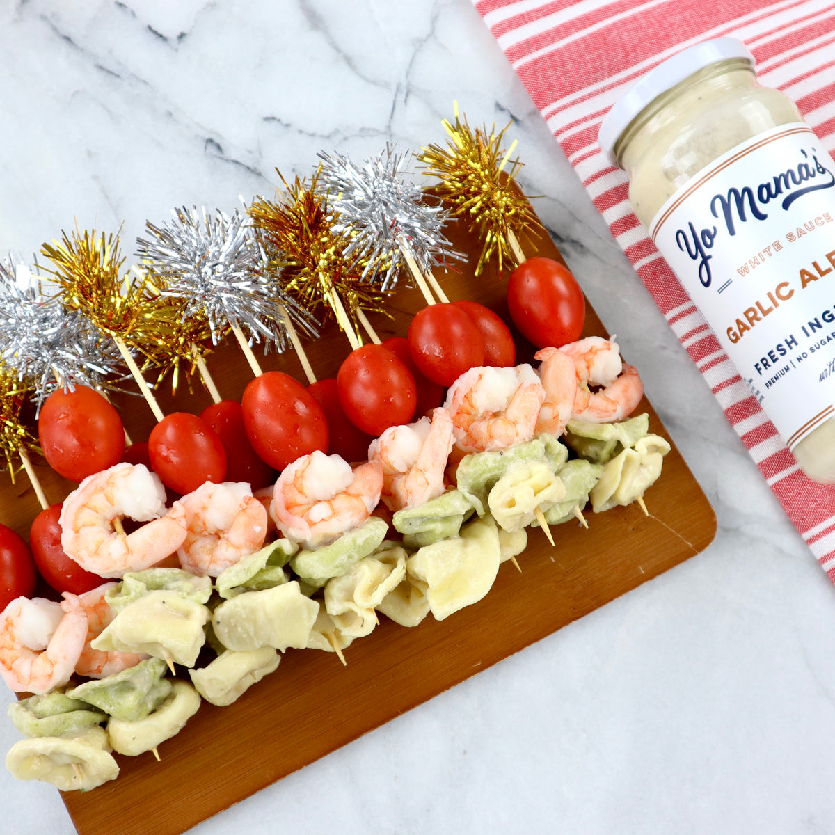 Garlic Alfredo Pasta and Shrimp Skewers &ndash; Yo Mama's Foods