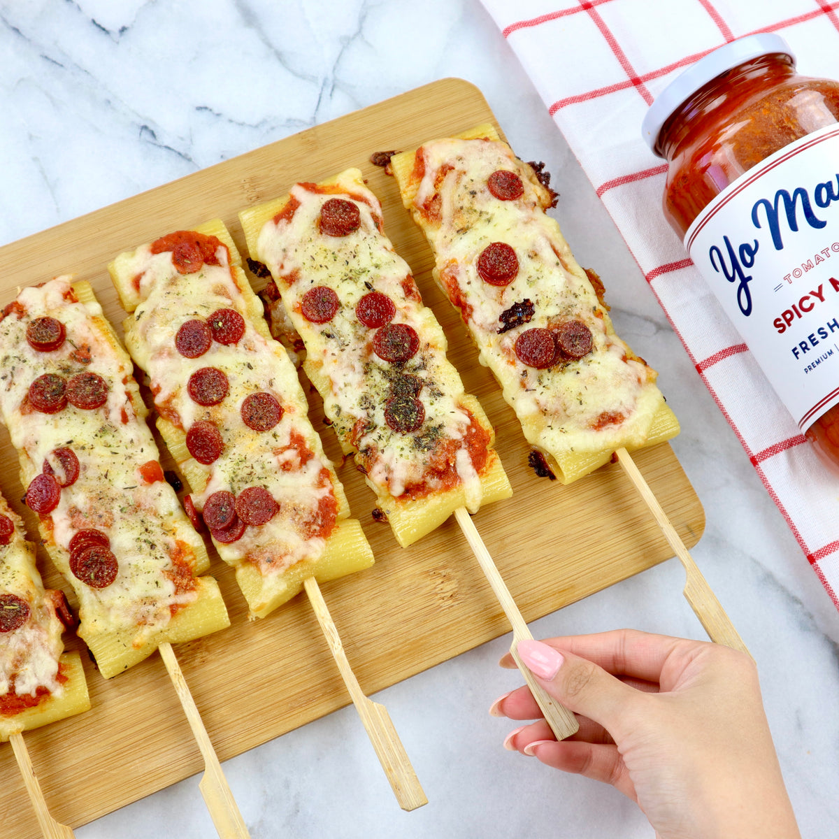 Spicy Marinara Rigatoni Skewers Yo Mama's Foods